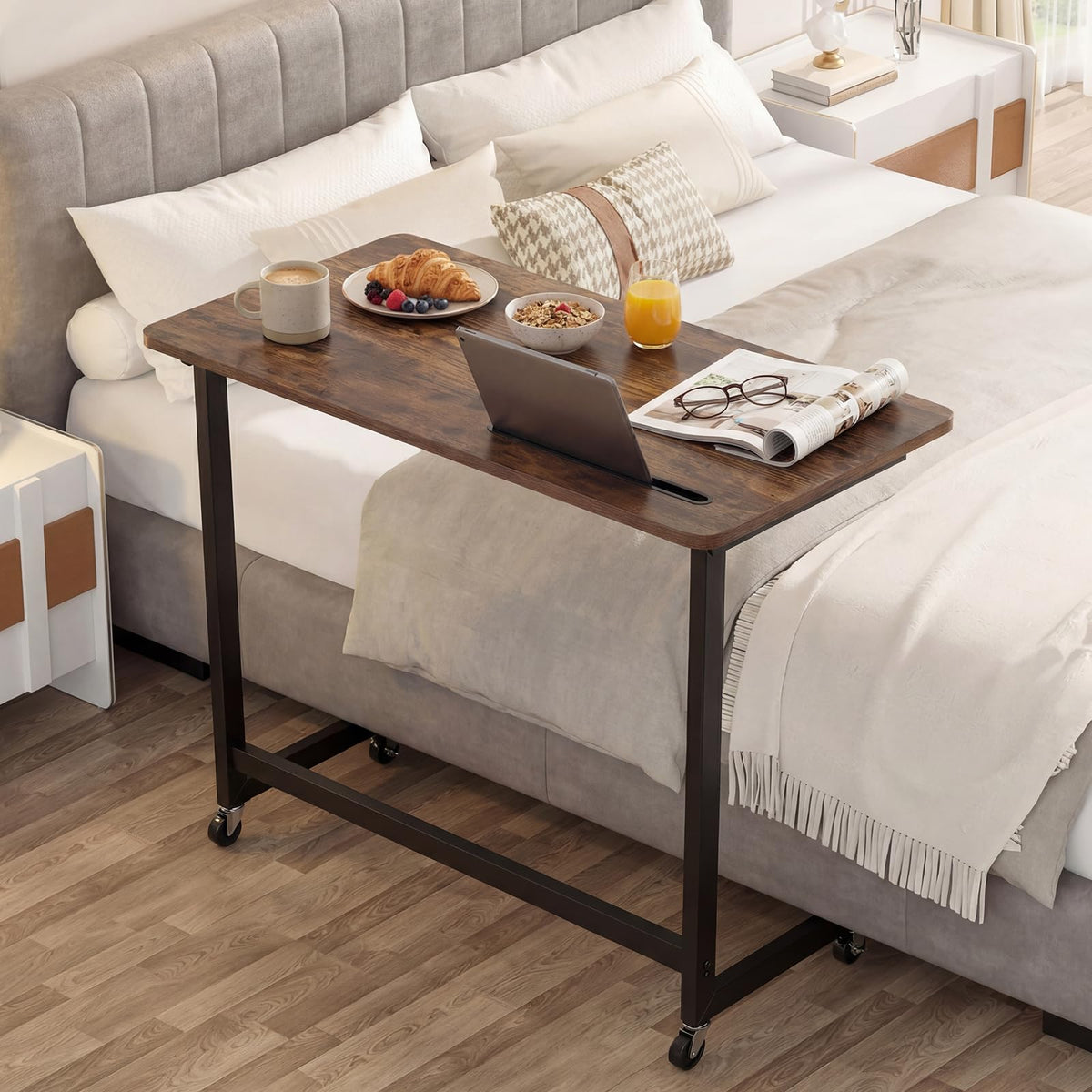 Mobile Side Table Rolling Laptop Desk Cart with Tablet Slot Over Bed Table with Wheels