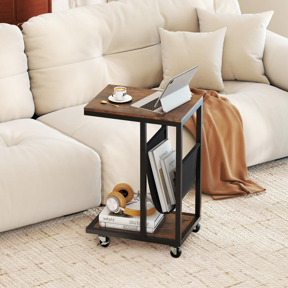 C-Shaped Side Table on Wheels