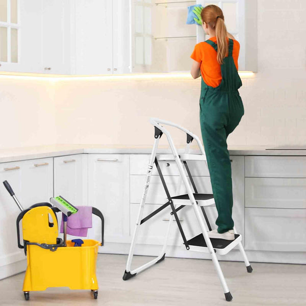 3-Tread Step Ladder with Convenient Hand Grip for Home Garage Kitchen