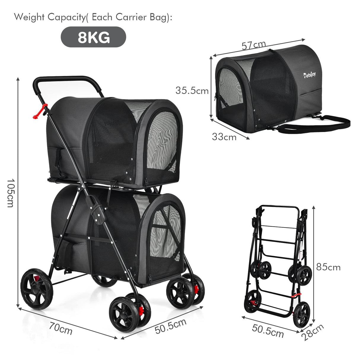 4-in-1 Double Layer Pet Stroller, Foldable Cat Dog Stroller on Wheels w/ 2 Detachable Carriers for Small Medium Sized Pets