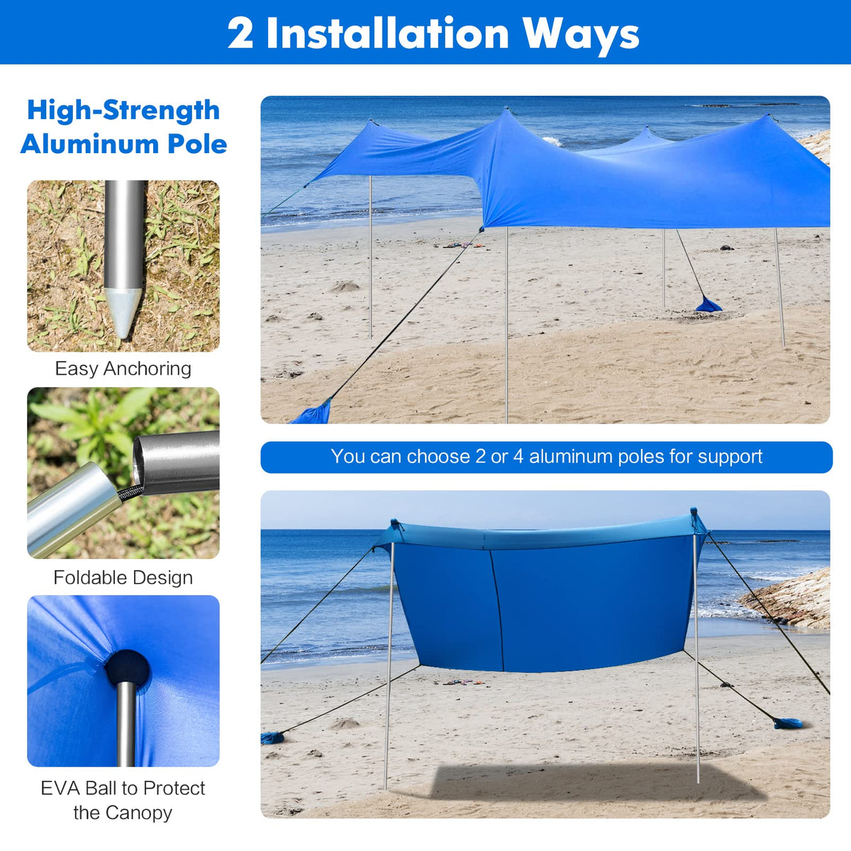 2-Size Beach Sunshade Canopy with Sandbags & Carry Bag for Beach, Trip