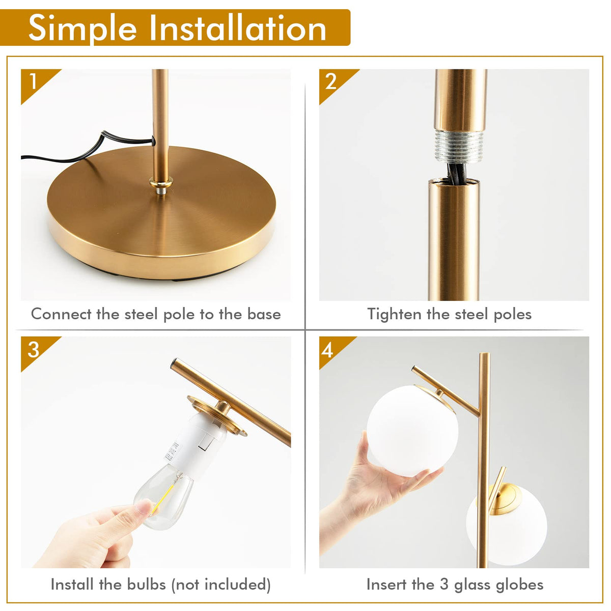 3-Globe Floor Lamp with Foot Switch and Steel Pole for Living Room