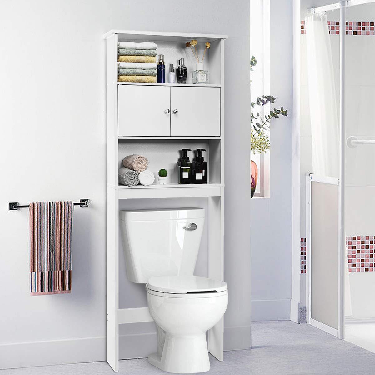 Giantex Over-The-Toilet Space Saver Storage Cabinet, Bathroom Shelf, Freestanding Wooden Tower Rack