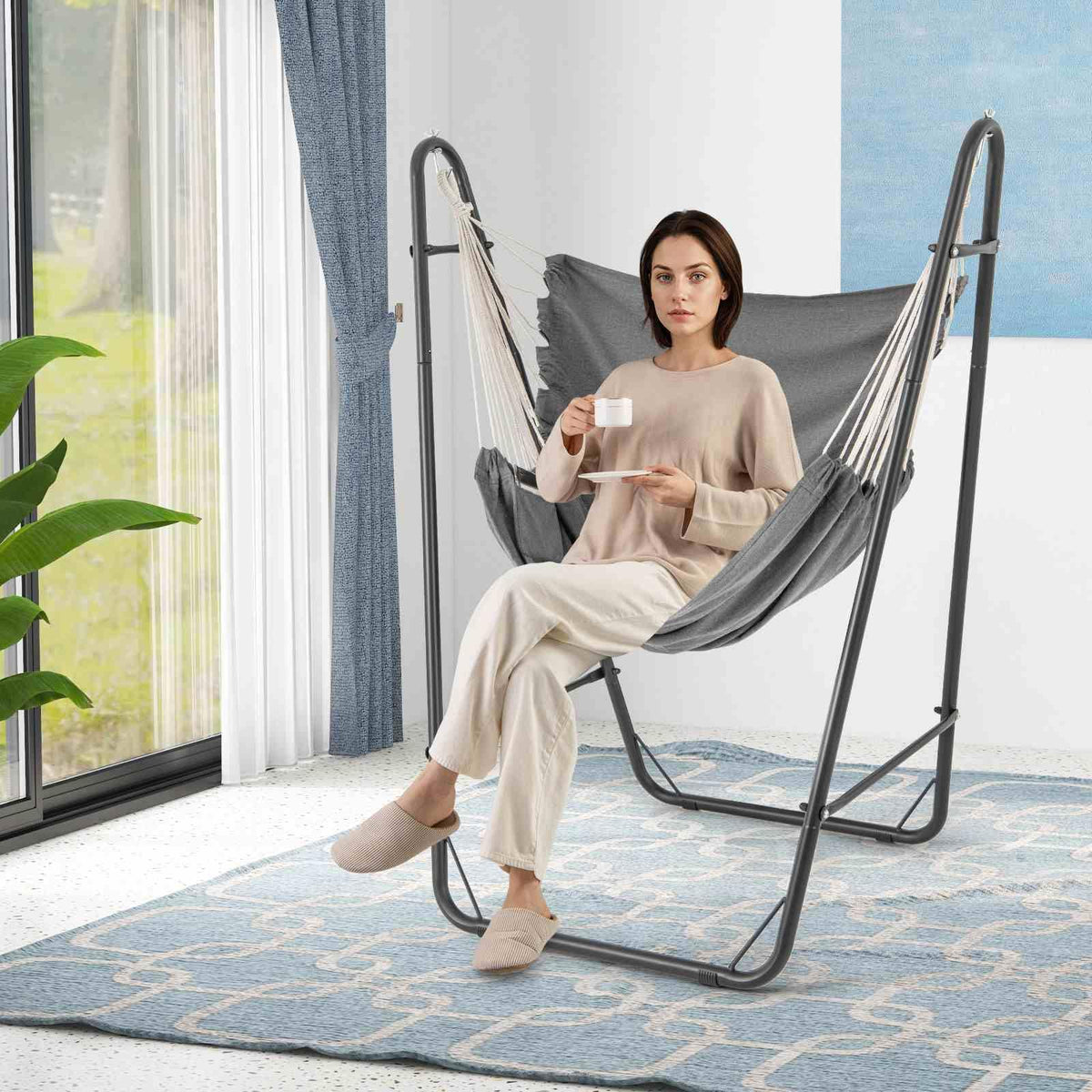 Hammock Chair with Stand and Side Pocket for Living Room
