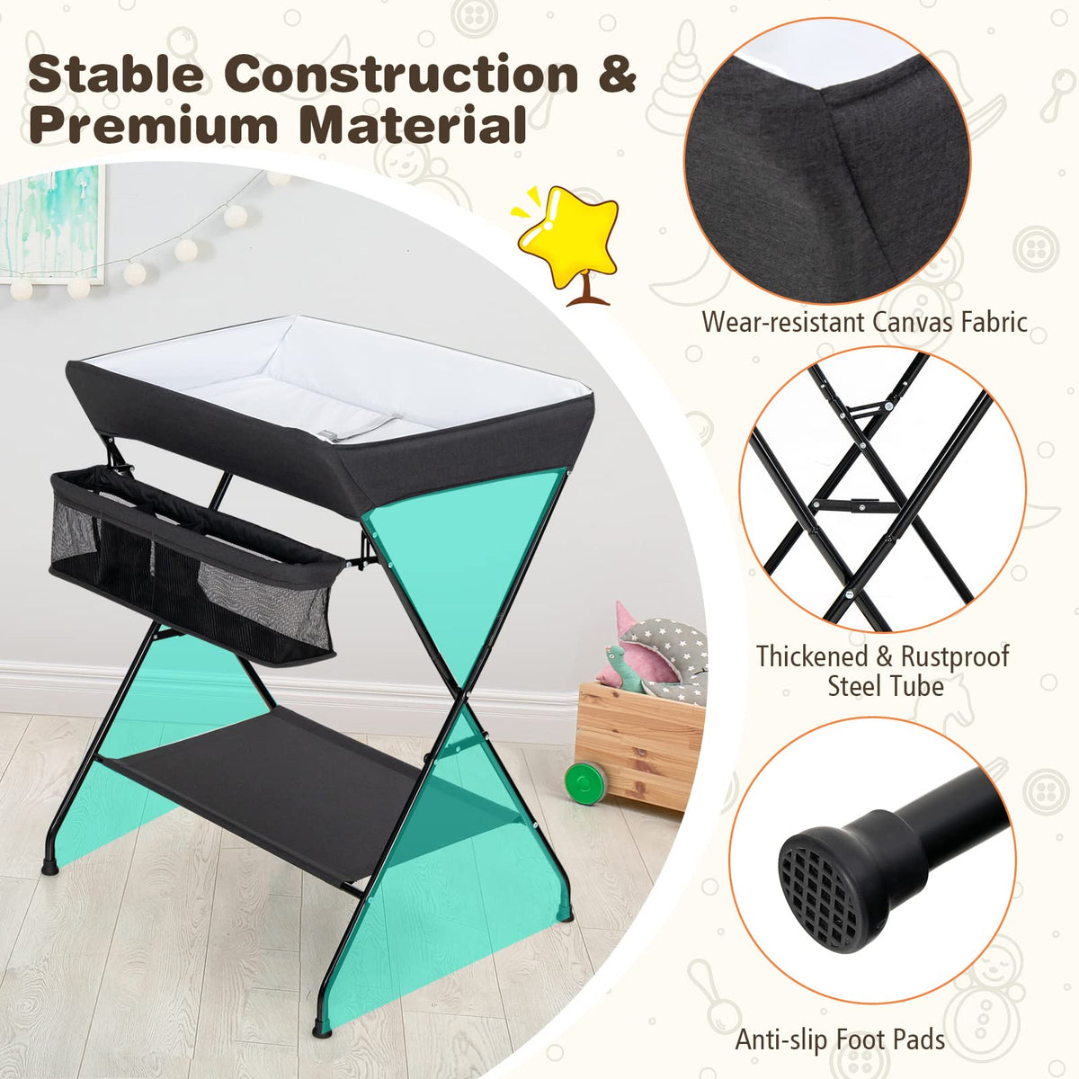 Folding Baby Change Table with Storage Basket & Shelf for Infant & Toddler