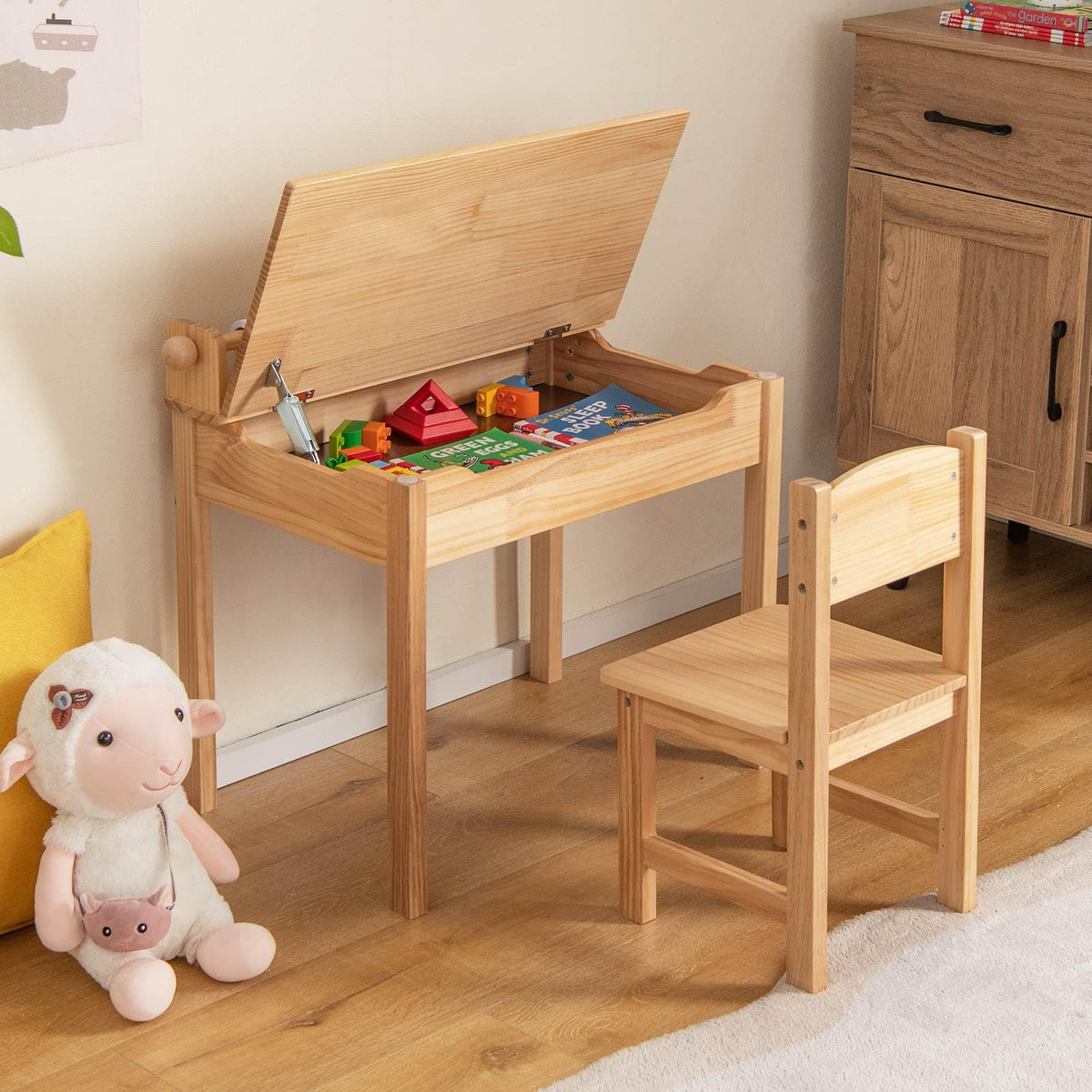 Kids Table and Chairs Set, Activity Desk and Chair for Children w/Paper Roll Holder & 2 Markers