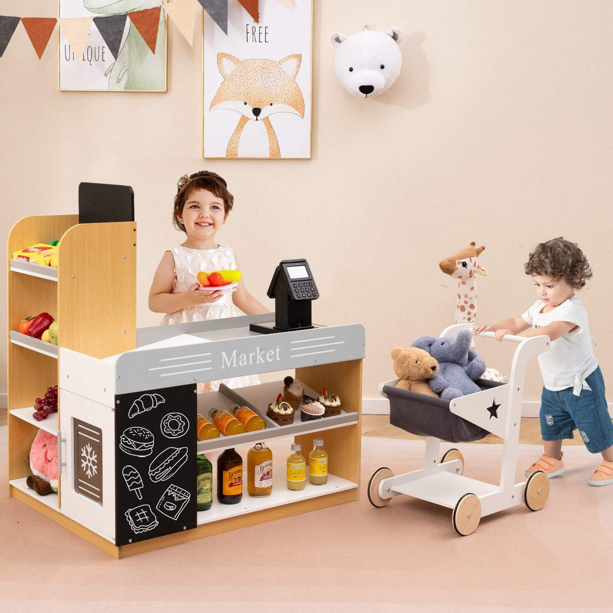 Pretend Play Grocery Store Set with Shopping Cart and 2 Chalkboards