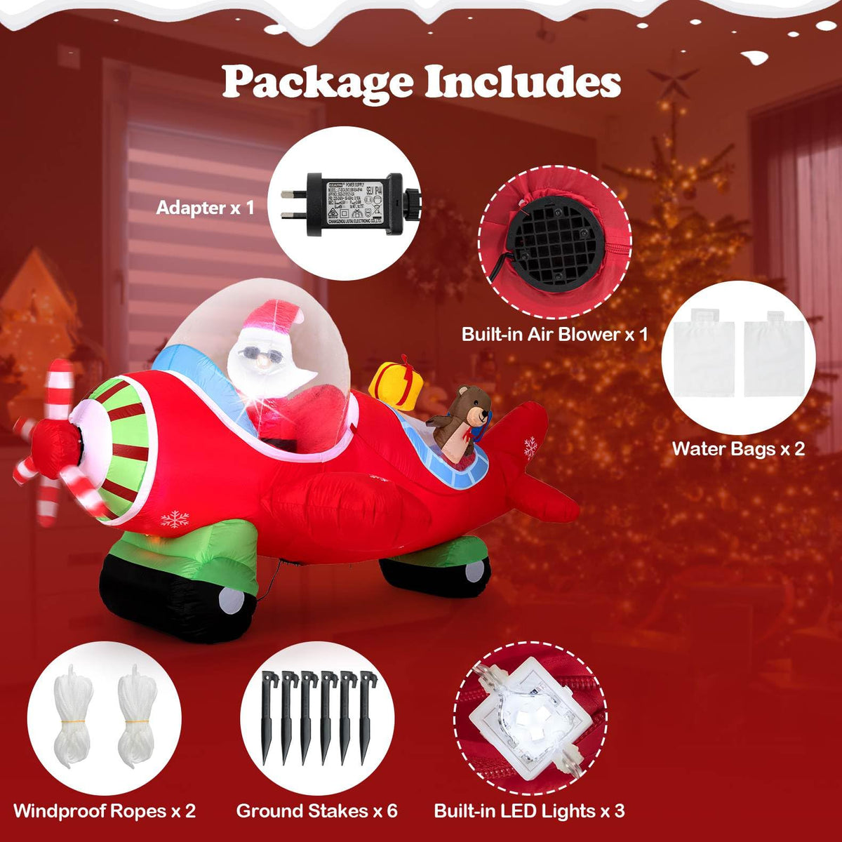 2.2m Christmas Inflatables Airplane with Gift Boxes and Built-in LED Lights