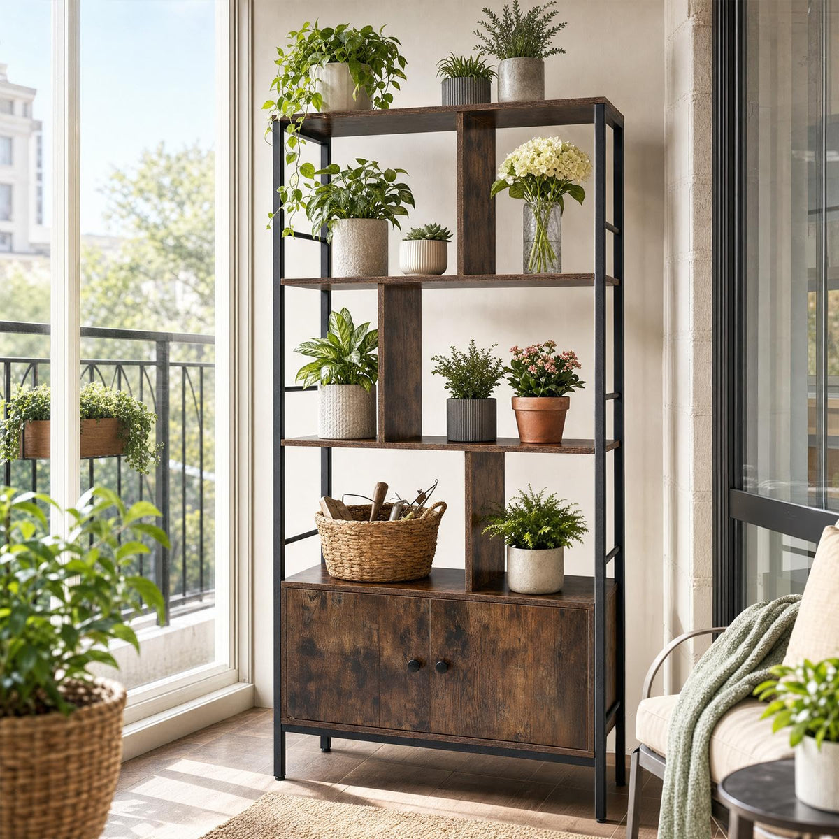 Industrial Tall Bookshelf with 3-Tier Shelves and 2-Door Cabinet for Living Room