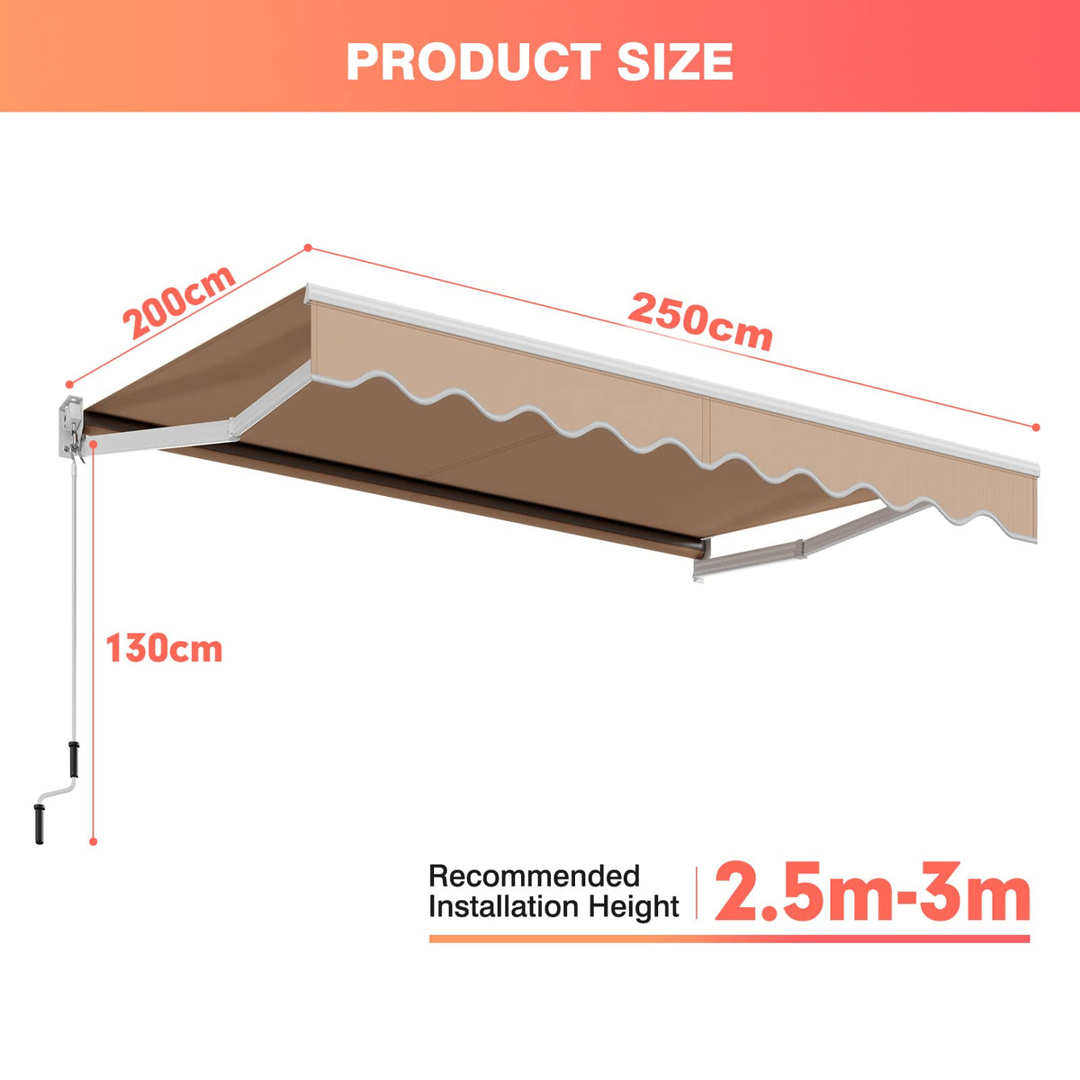 2.5 x 2/2.95M Retractable Awning, Sun Shade Shelter w/Easy Opening Manual Crank Handle