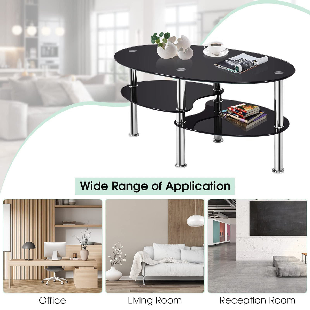 Giantex Tempered Glass Coffee Table, 3-Tire Modern Oval Tea Table, Smooth End Table with Open Storage Shelf