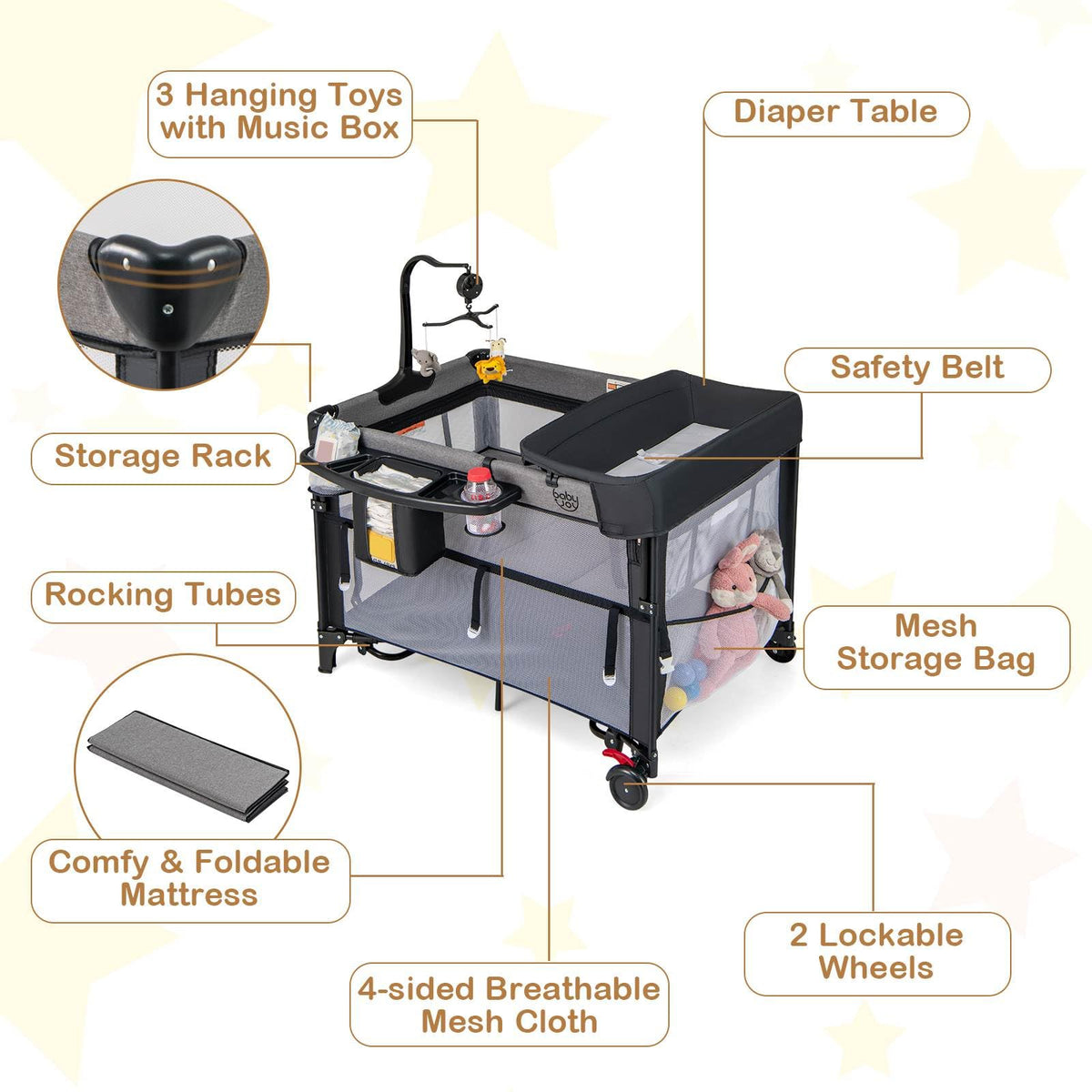 5-in-1 Baby Pack and Play with 4-Level Adjustable Height and Changing Table