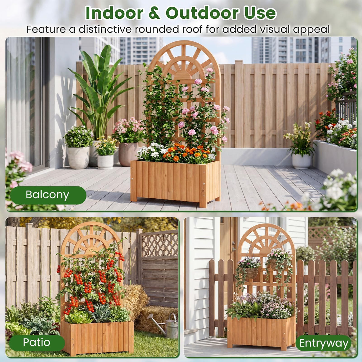 Wooden Raised Garden Bed with Trellis, 121/182 cm Outdoor Planter Box w/Privacy Screen