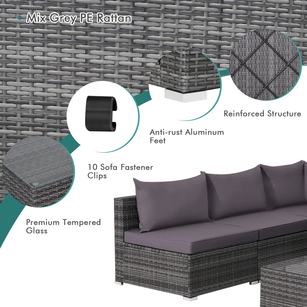 7 Piece Patio Rattan Conversation Set with Seat & Back Cushions for Backyard/Poolside/Balcony
