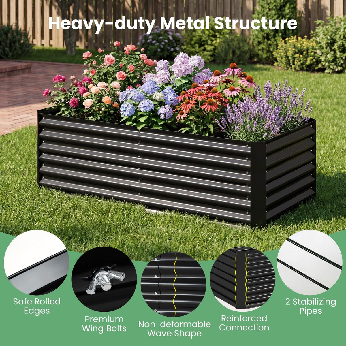 183 x 91 x 122cm 2 Roll-up Windows Metal Raised Garden Bed with Cover and Planter Box for Vegetables