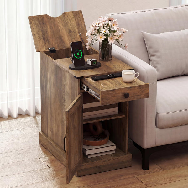 Giantex End Table with Charging Station, Farmhouse Bedside Table w/Storage Drawer