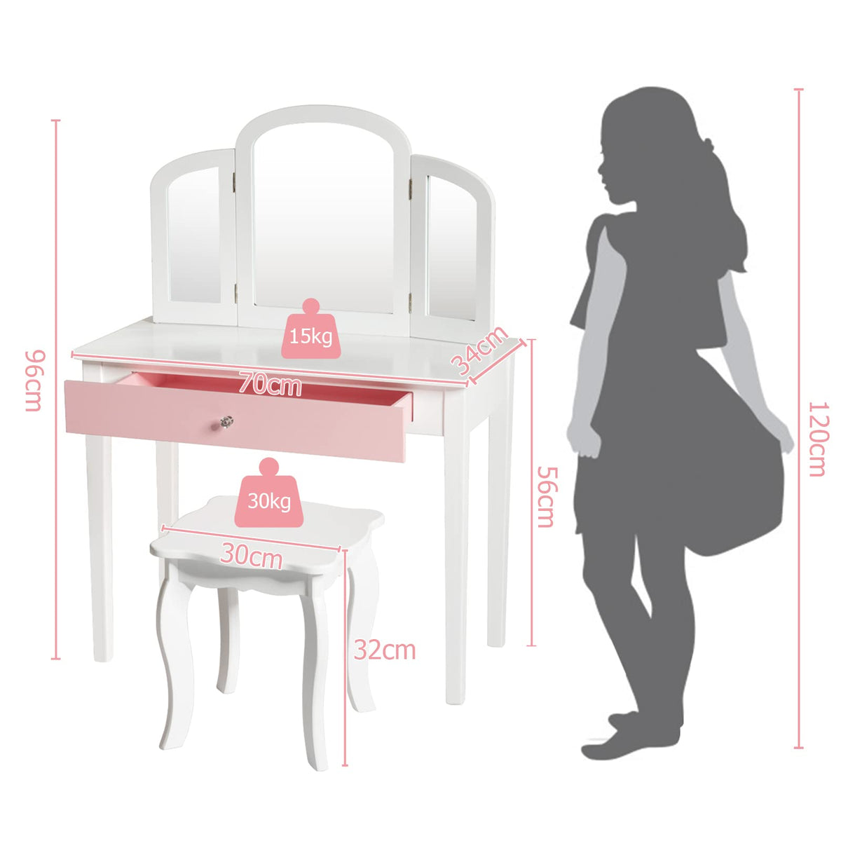 Kids Vanity Table and Chair Set, Princess Makeup Dressing Table with Drawer & Tri-Folding Mirror