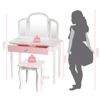 Kids Vanity Table and Chair Set, Princess Makeup Dressing Table with Drawer & Tri-Folding Mirror