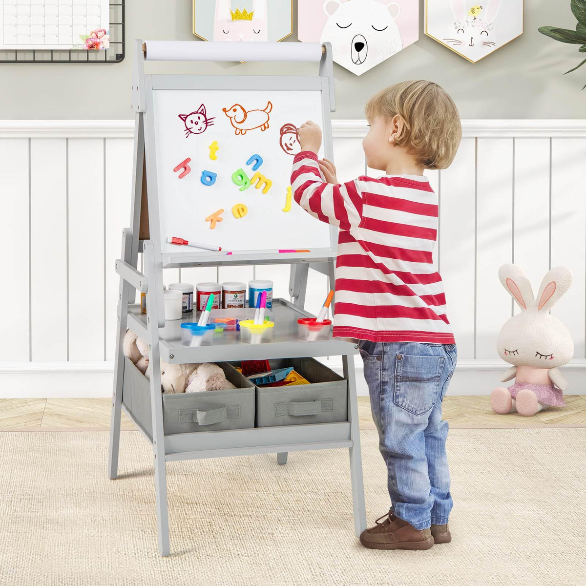 3-in-1 Kids Standing Double-sided Easel with Magnetic Chalkboard and Whiteboard