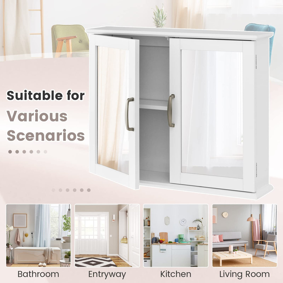 Mirrored Bathroom Wall Cabinet with Double Mirrored Doors and Two Shelves