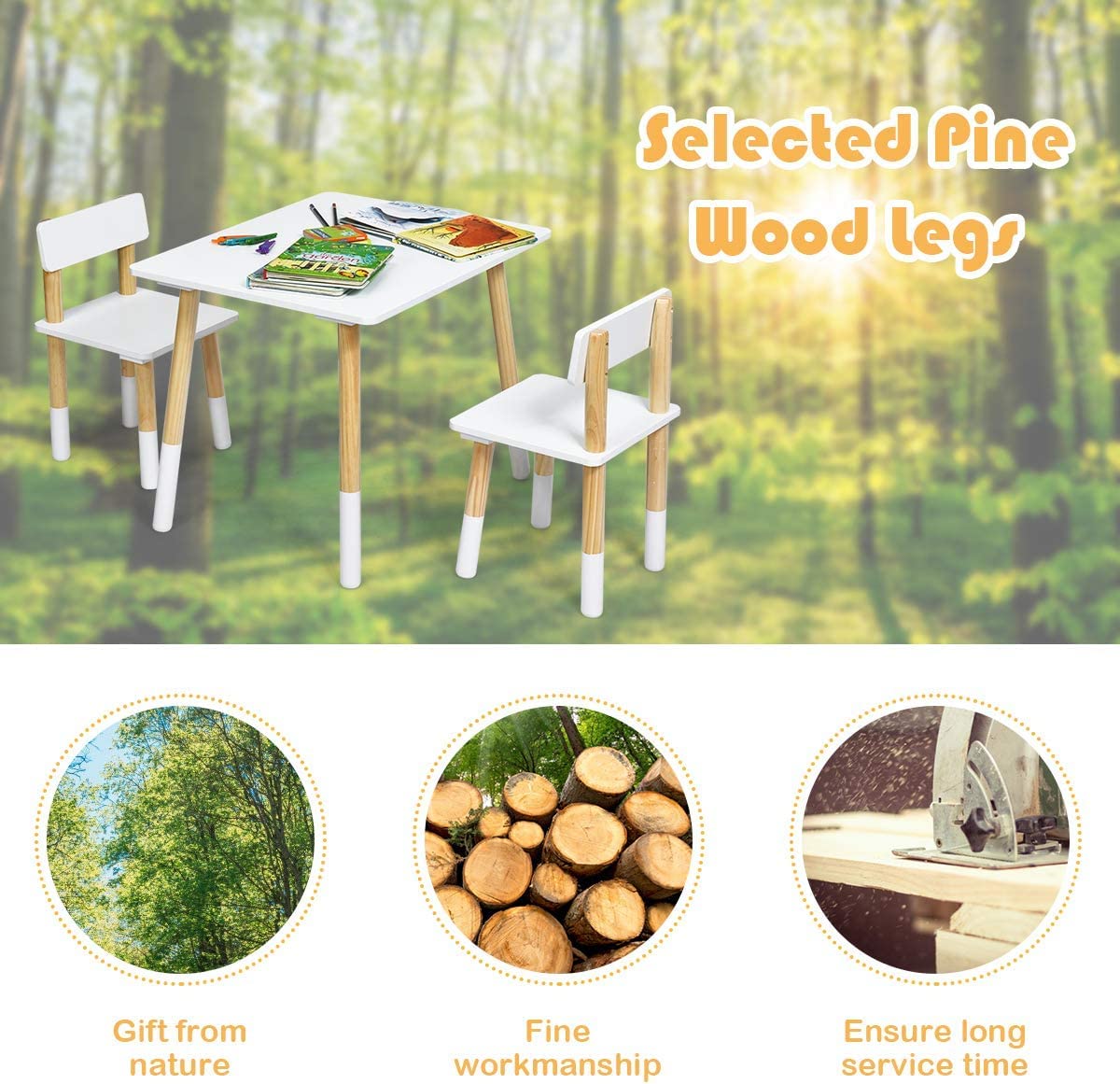 Kids Table and 2 Chairs Set with Pine Wood Legs for Playing & Learning & Eating