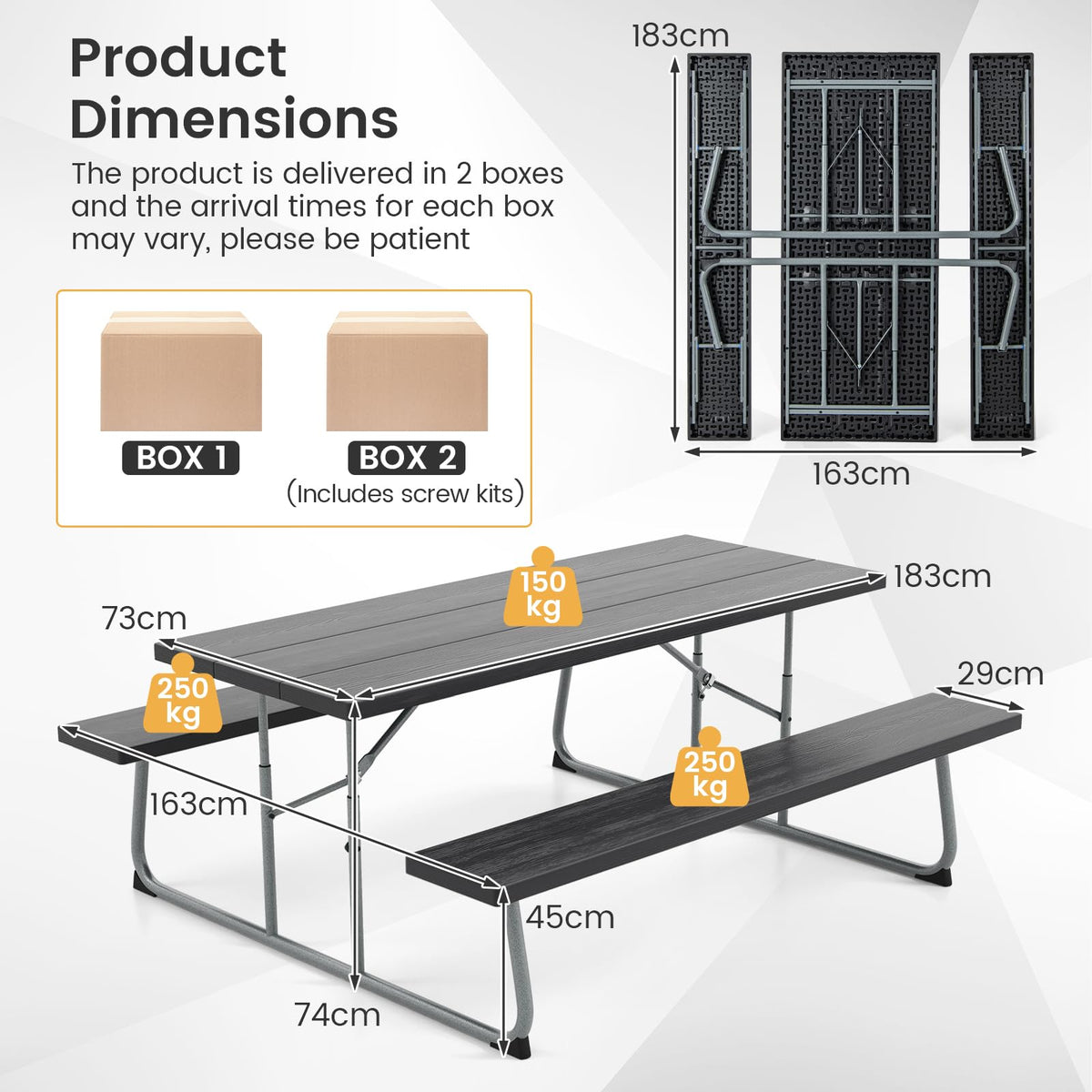 Folding Picnic Table with 2 Benches with Metal Frame and All-Weather HDPE Tabletop
