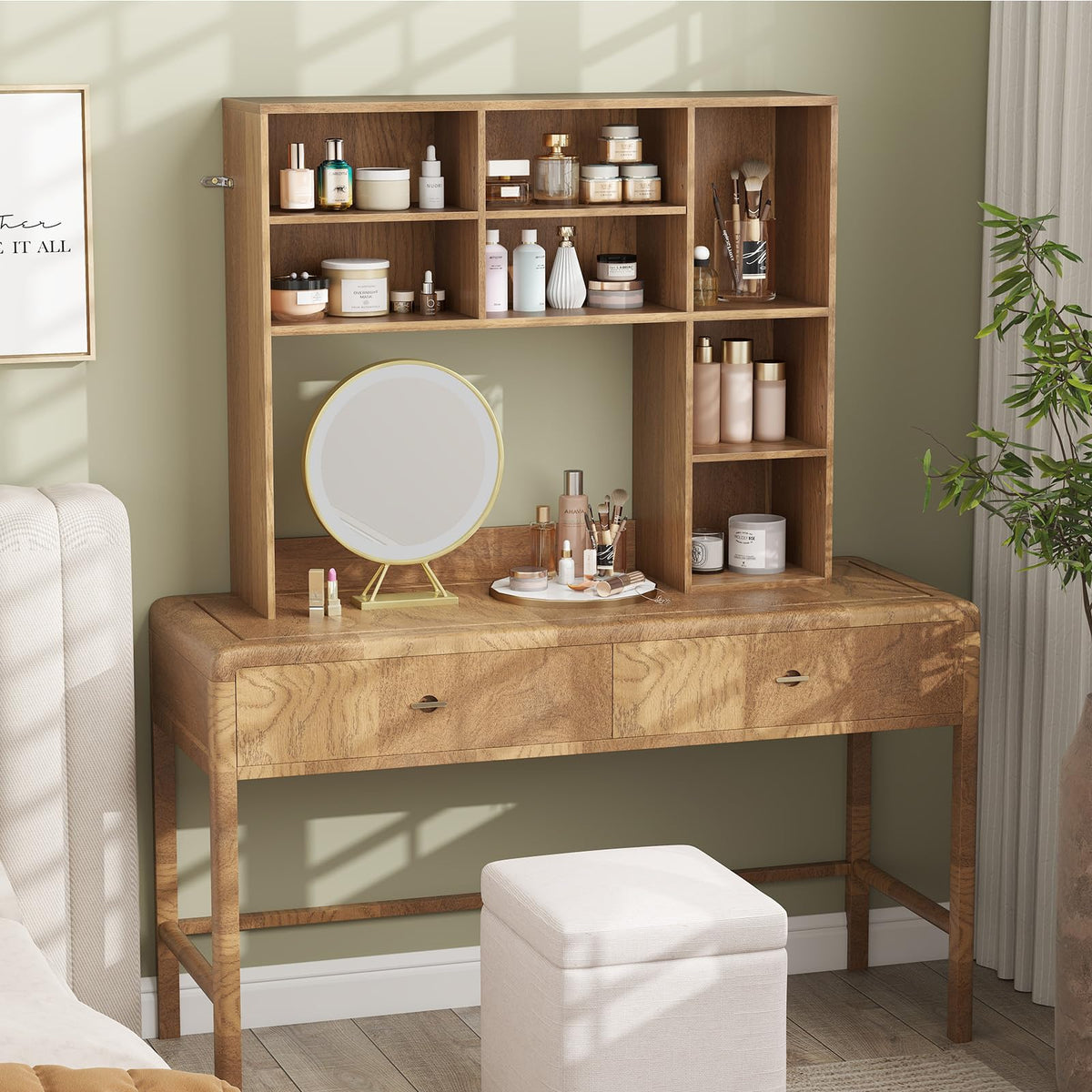 Desktop Bookshelf, Desk Hutch with 3 Adjustable Shelves & Open Compartment