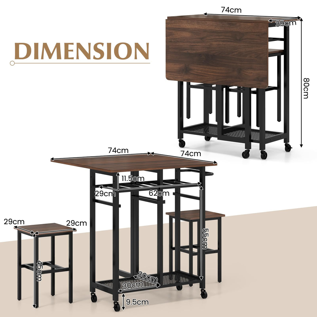 Giantex 3 Piece Rolling Dining Room Table Set with 6-Bottle Wine Rack