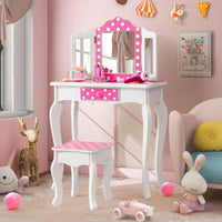 Kids Vanity Set with Tri-folding Mirror, Drawer and Stool