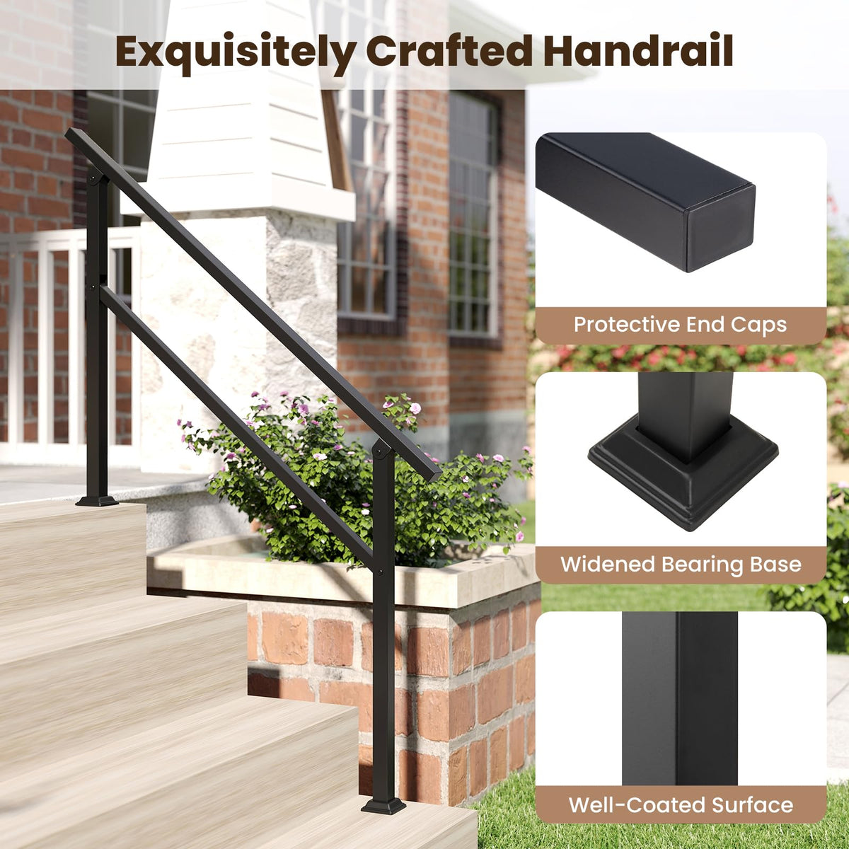 2 Pcs Metal Handrail Fits 0-4 Steps with Flexible Angle Adjustment and Installation Kit for Outdoor Steps