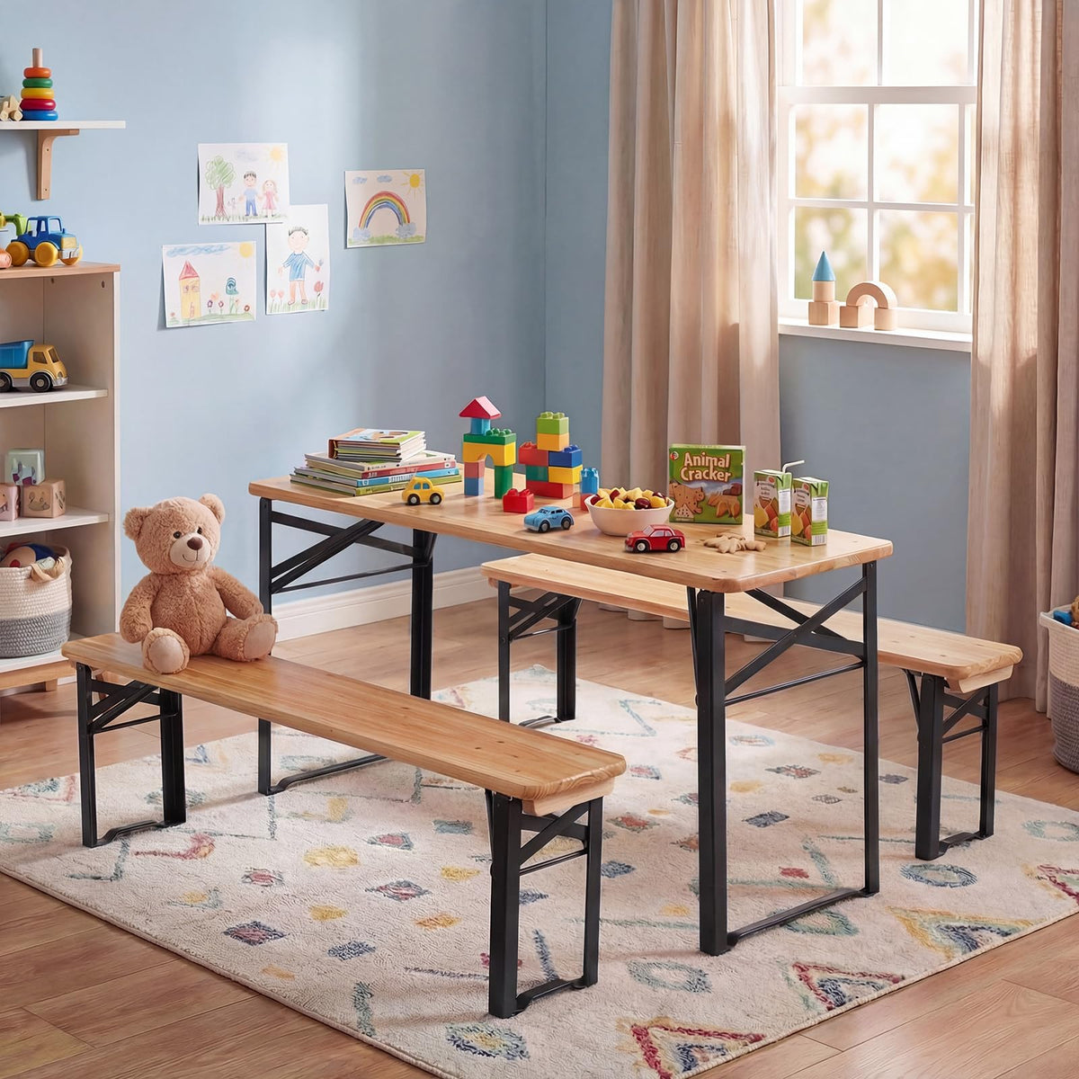 110 CM Folding Kids Picnic Table & Bench Set, No Assembly Wooden Toddler Table