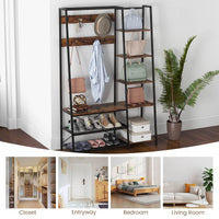 Hall Tree with Storage Bench with 9 Hooks 5 Side Shelves and 2 Mesh Shelves