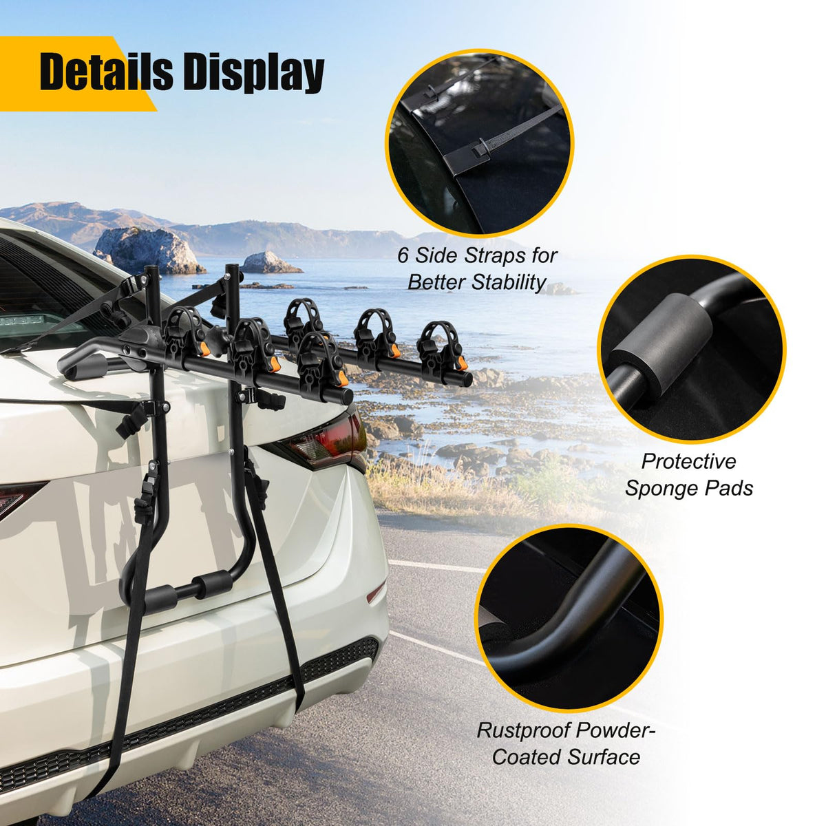 3-Bike Trunk Mount Rack with Adjustable Length Angle