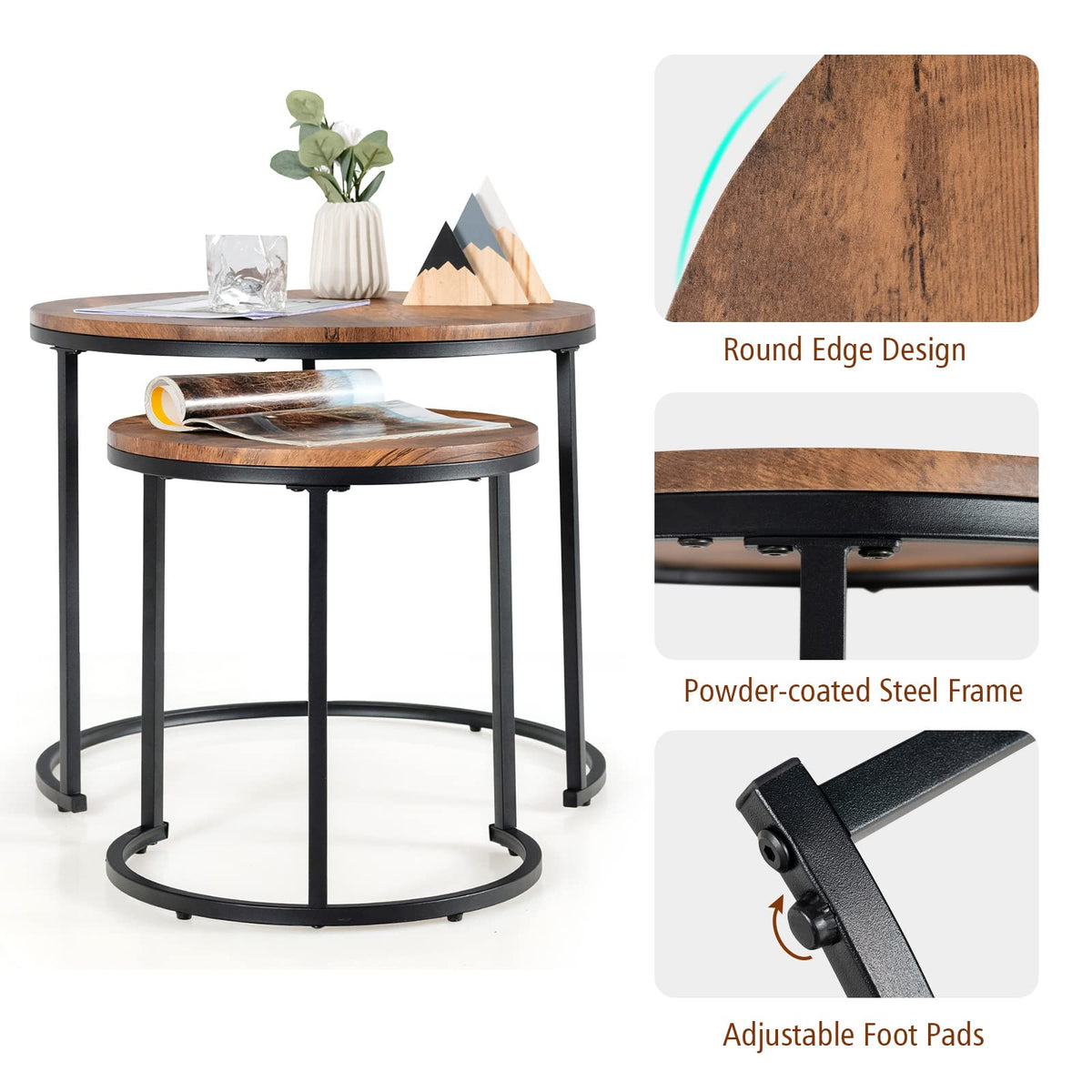 Giantex Set of 2 Round Nesting Coffee Table, Compact Stacking Side Tables w/ Wooden Tabletop & Powder-coated Steel Frame