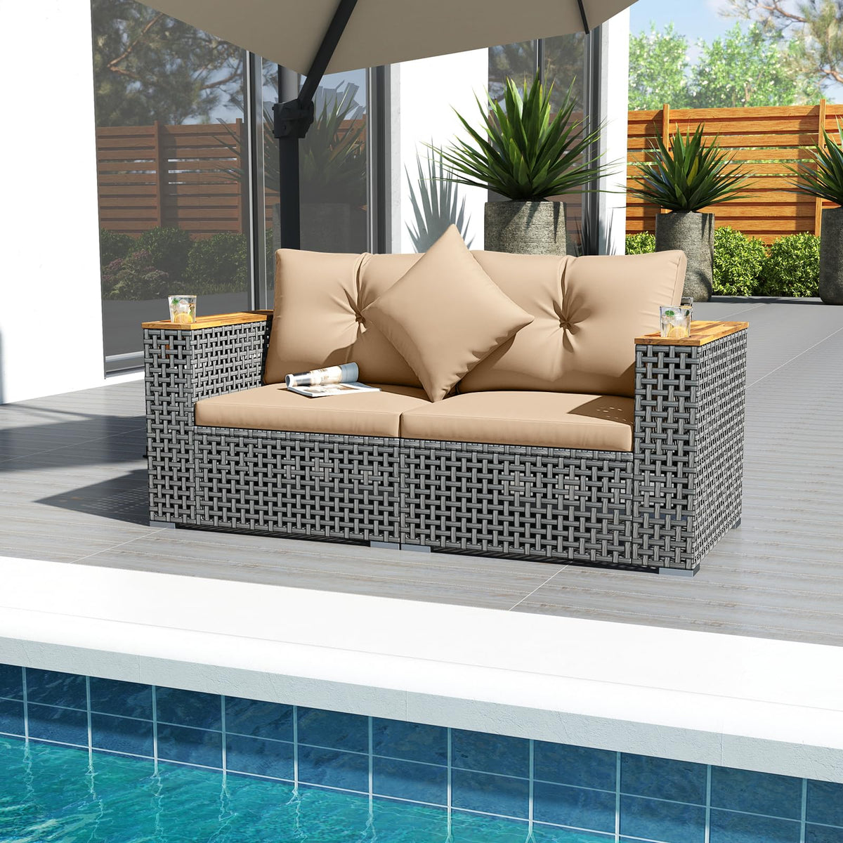2-Piece Patio Corner Sofa Set Outdoor Sectional Wicker Loveseat with Thick Cushions
