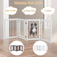 Freestanding Pet Gate, 4 Panel Wooden Folding Dog Fence w/Walk Through Door