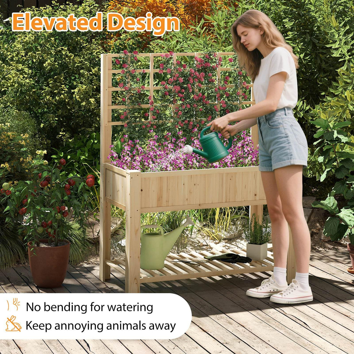Raised Garden Bed with Trellis, Wooden Elevated Planter Box with Legs