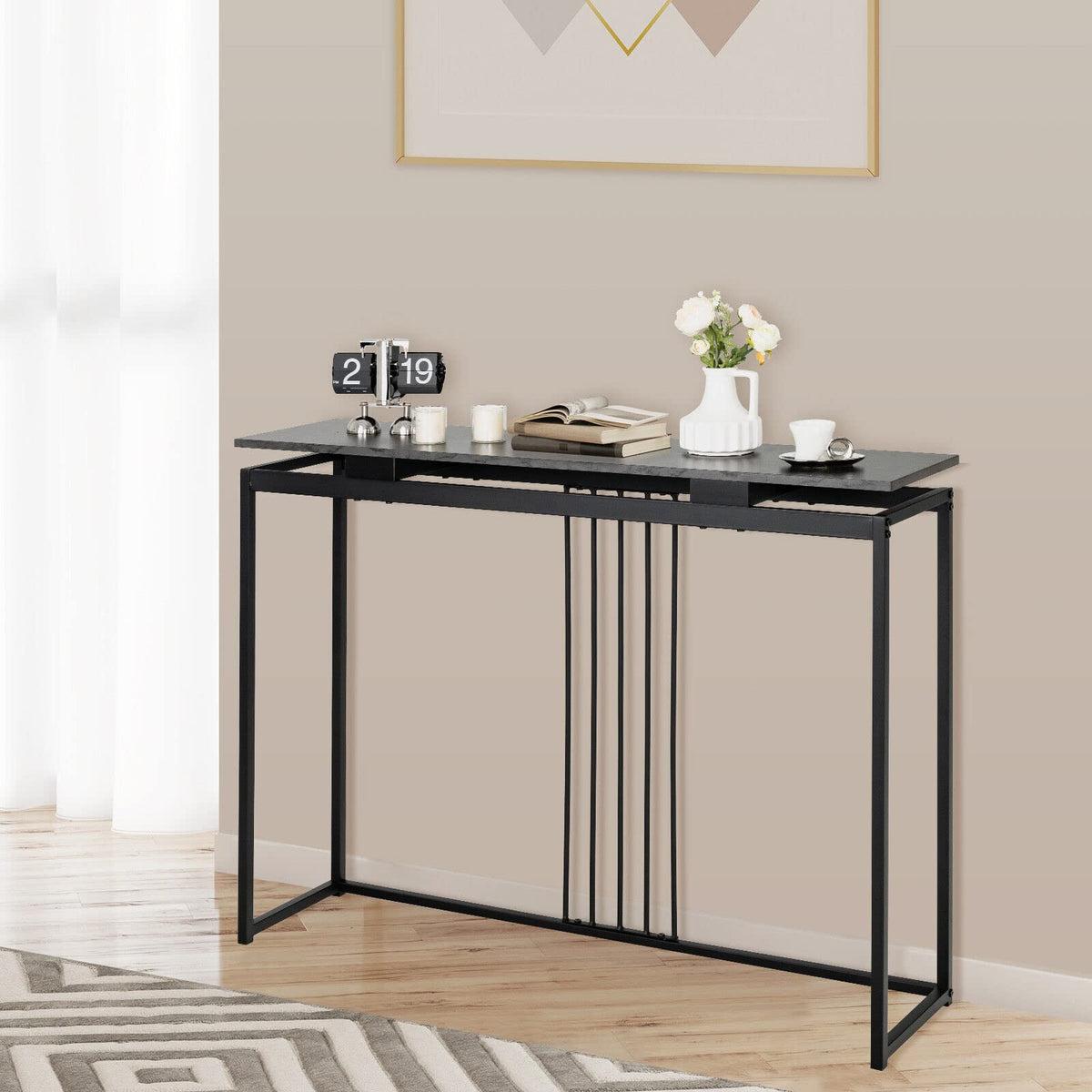 Giantex Faux Marble Console Table, Sofa Table w/Powder-Coated Steel Frame, Black