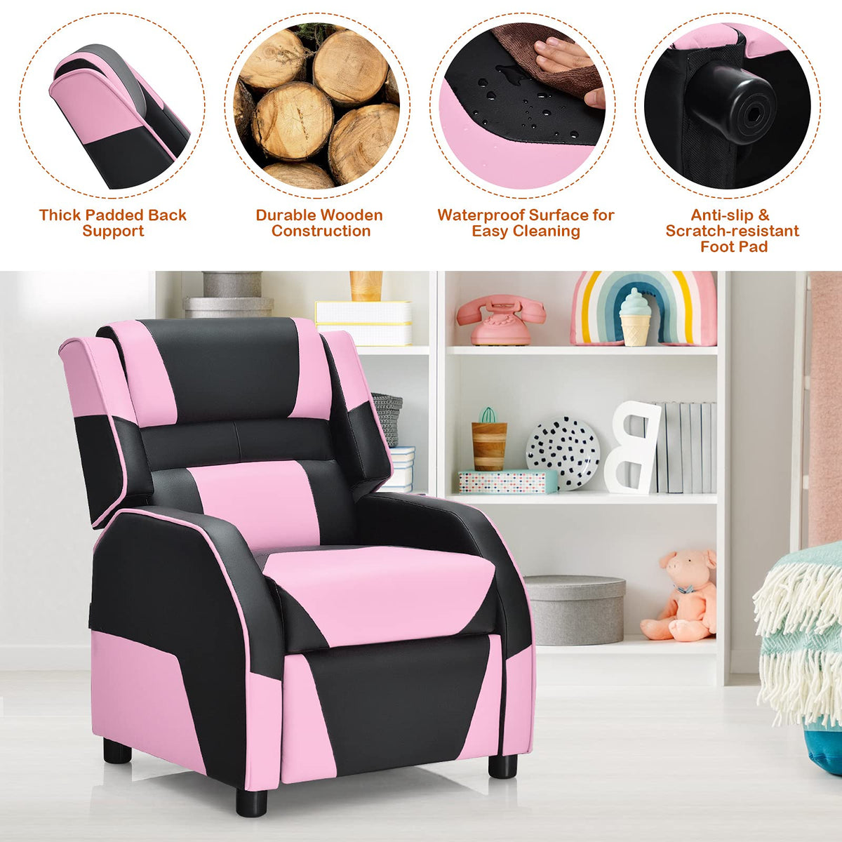 Kids Recliner Chair, Adjustable Recliner Sofa w/Footrest, Headrest & Lumbar Support, w/ Padded Seat, Pink & Black