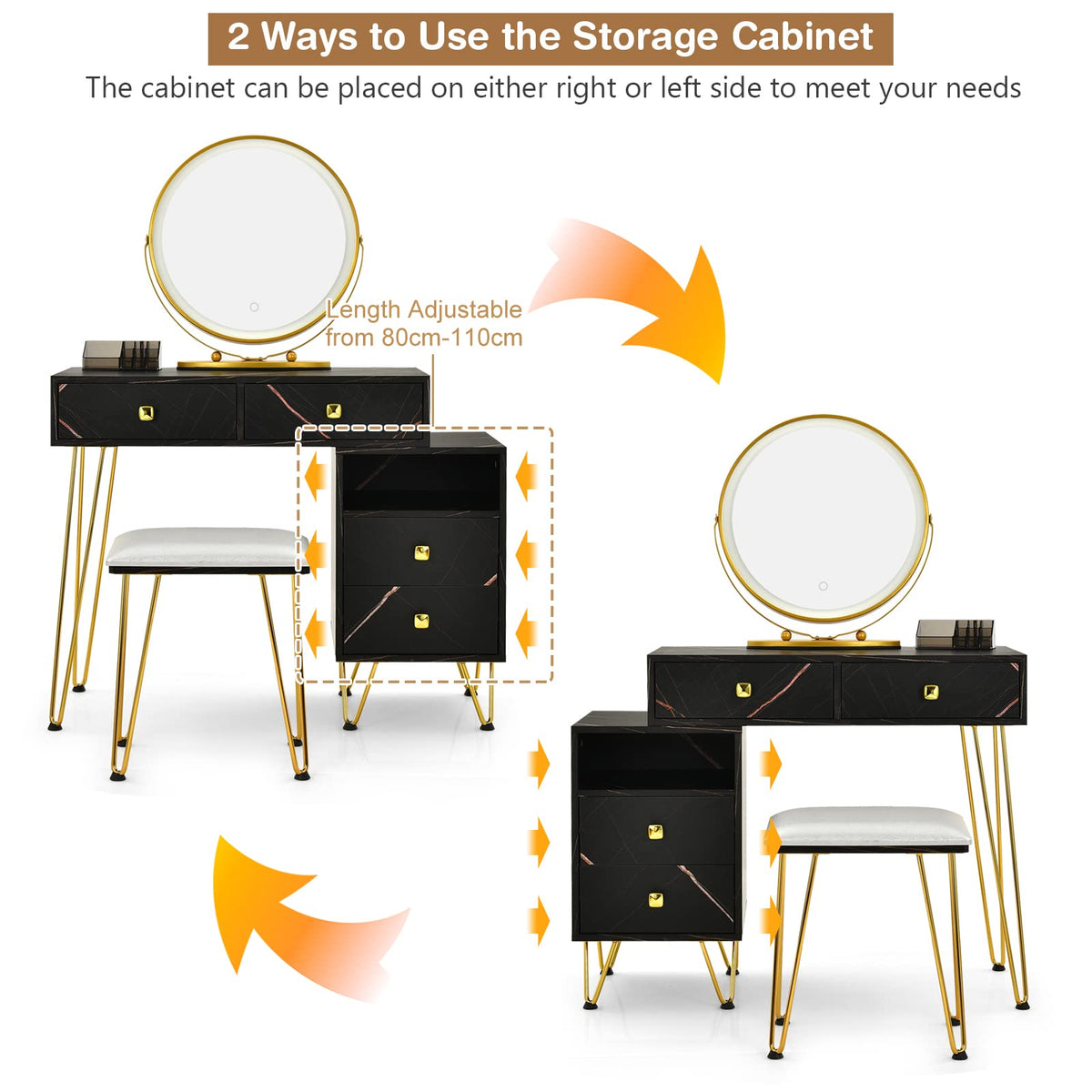 Giantex Makeup Vanity Set w/ Lighted Mirror, Modern Dressing Table with Storage Cabinet, Drawers, Cushioned Stool