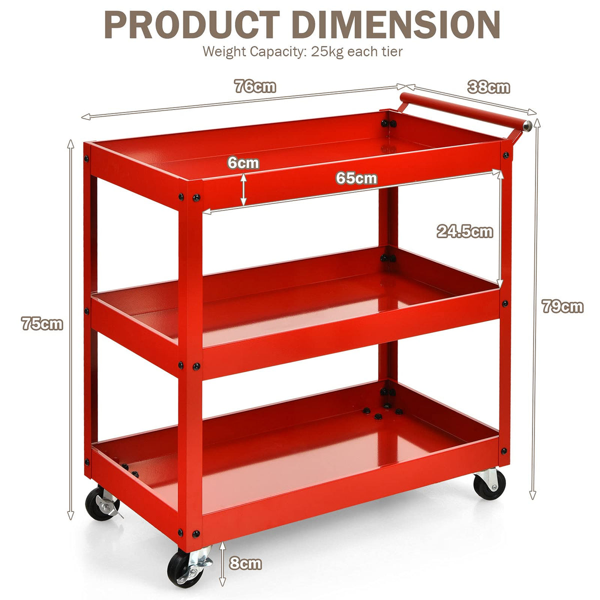 3-Tier Utility Cart, Heavy Duty Service Cart with Ample Storage Space & Humanized Handle