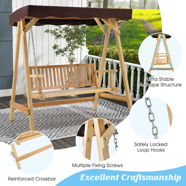 Wooden Garden Swing Chair, 2 Person Canopy Swing w/Weather-Resistant Canopy