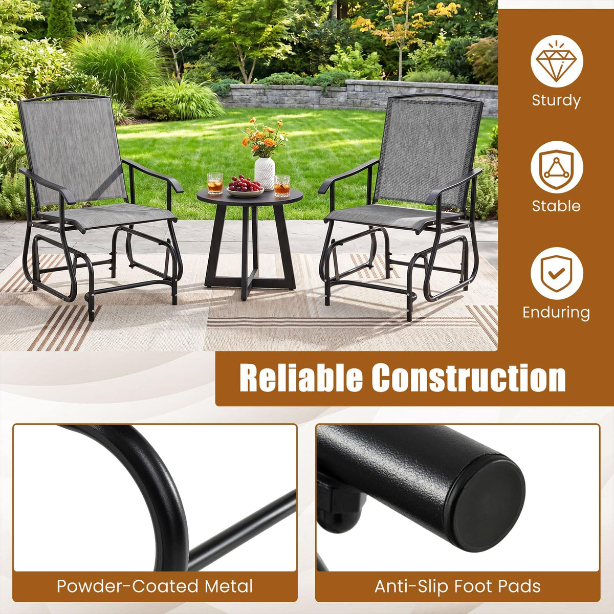 Outdoor Glider Chair with Metal Frame and Breathable Fabric