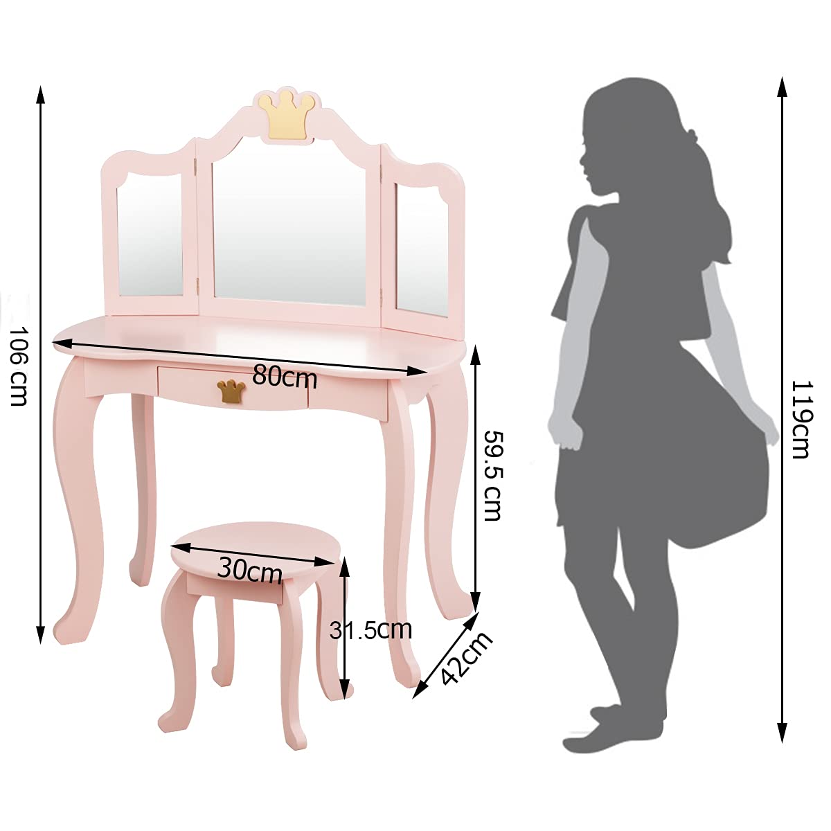 Kids Vanity Dressing Table Stool Set, Children Makeup Table Set, 2 In 1 Kids Dresser for Kids Room