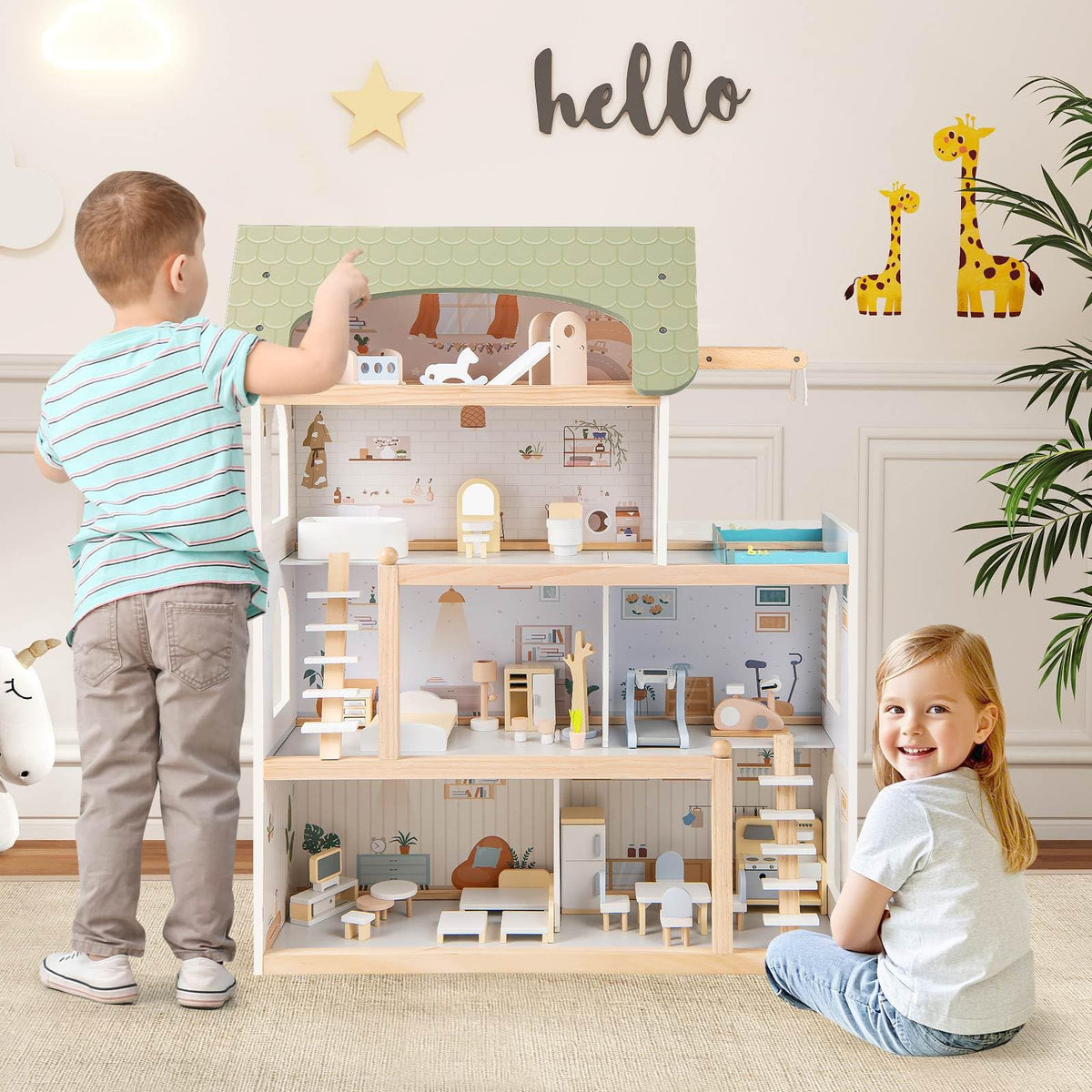 Wooden Dollhouse, 4-Story Kids DIY Pretend Playhouse