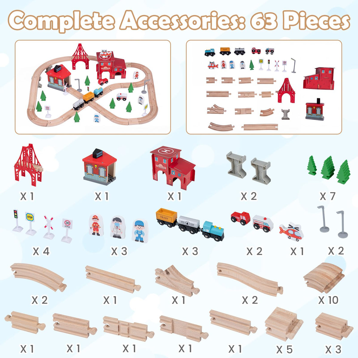63-Piece Kids Wooden Train Table with Storage Drawer for Game Room