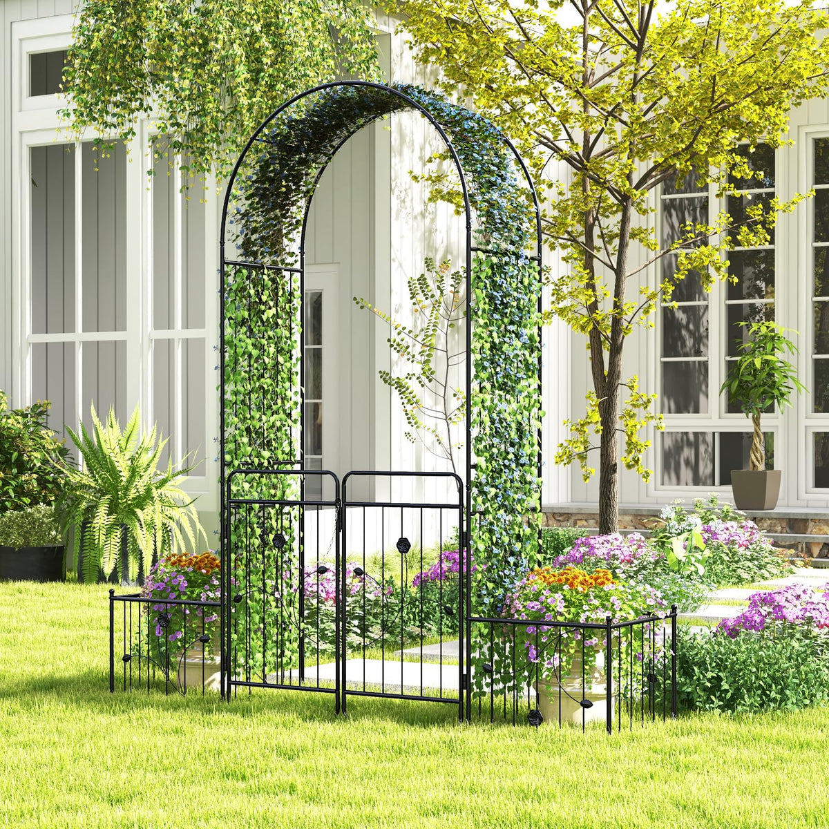 2.2M Garden Arbor, Metal Arch Trellis Lockable Gate, Arched Top Arbor Trellis w/Side Planters