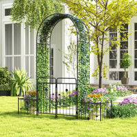 2.2M Garden Arbor, Metal Arch Trellis Lockable Gate, Arched Top Arbor Trellis w/Side Planters