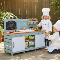 Outdoor Kids Play Kitchen, Wooden Kitchen Playset w/Sliding Doors