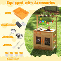 Mud Kitchen for Kids, Fir Wood Kitchen Playset with Planting Pots, Cookware, Stoves, Faucet, Sink & Blackboards